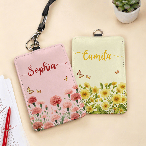 Personalised Birth Flower ID Card Badge Holder with Name Back to School Teacher's Day Appreciation Gift for Teachers