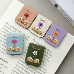 Personalized Retro Birth Flower PU Leather Magnetic Bookmark Cilp with Name Daily Use Graduation Birthday Gift for Bookworms Students