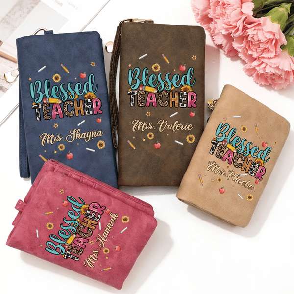 Personalized Blessed Teacher Pen Sunflower PU Leather Wristlet Wallet with Name Teacher's Day Appreciation Birthday Gift for Teachers