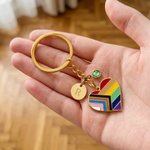 Personalized Birthstone Heart Shaped Rainbow Charm Keychain with Initial Pride Month Daily Use Birthday Gift for LGBTQ Girlfriend Woman