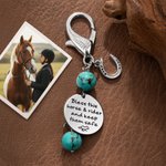 Personalised Turquoise Beads Horseshoe Keychain Lucky Charm with Text Rider Protection Birthday Anniversary Gift for Horse Lovers Equestrians