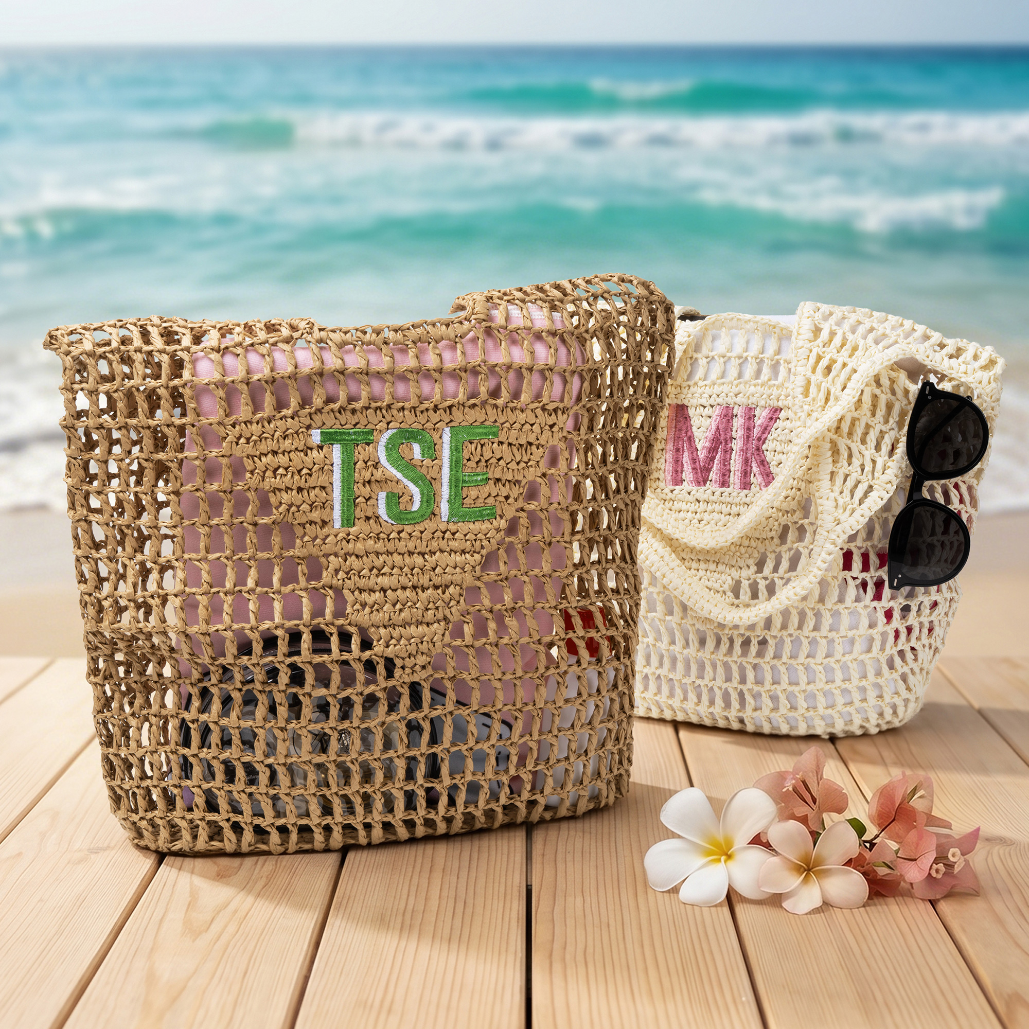 Personalisierte Monogramm Stickerei Design hohlen gewebten Tragetasche täglichen Gebrauch Muttertag Geburtstag Geschenk für Mutter Freund Frau