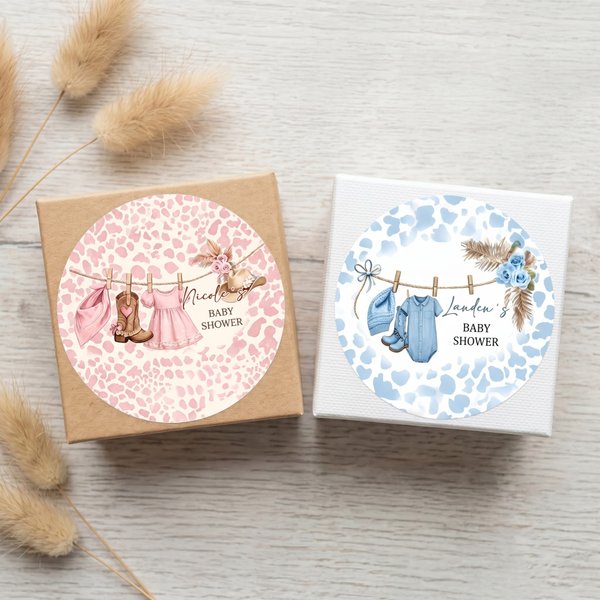 Personalised Self-Adhesive Leopard Print Pink Blue Sticker Label with Name Baby Shower Gender Reveal Party Gift for New Baby New Parents
