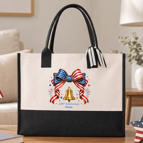Personalized 250th Anniversary Bow Bell Star Ribbon Tote Bag with Name American Independence Day Birthday Gift for Family Woman Man