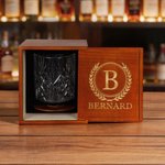 Personalised Retro Initial Monogram Whisky Glass Wooden Box Coaster Set with Name and Date Birthday Anniversary Gift for Men