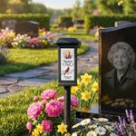 Lampe solaire de jardin personnalisée « Soft Glow » en forme de photo de cardinal, avec nom et année, pour cimetière – Fecor Memorial Gardens – Cadeau en hommage à un être cher disparu