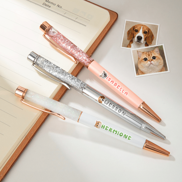 Personalized Pet Face Profile Picture Glitter Dynamic Liquid Sand Ballpoint Pen with Name Office Supplies Birthday Gift for Students Pet Lovers