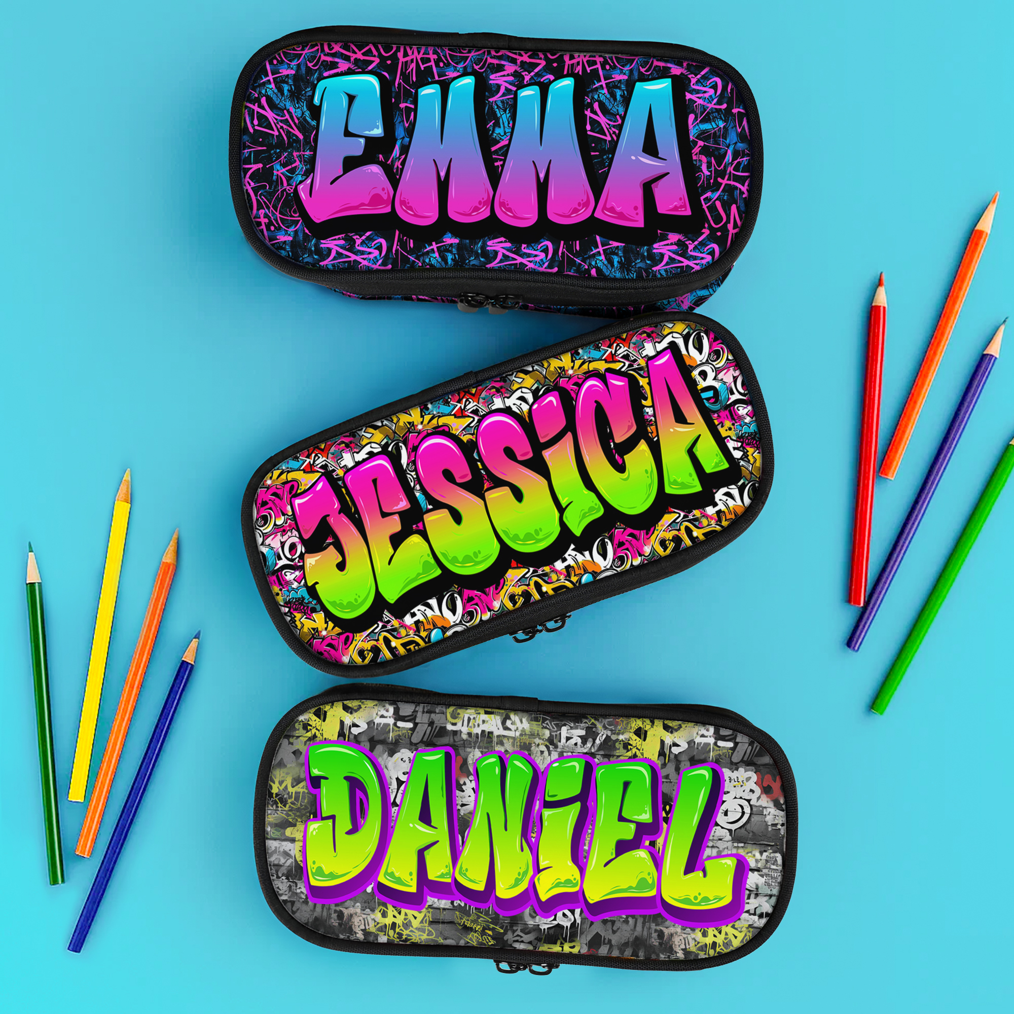 Personalisiertes großes Federmäppchen im Graffiti-Stil mit Namen | Schulbedarf | Alltag Schulanfang Geburtstag Geschenk für Schüler Kinder