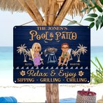 Personalised Cartoon Character Clip Art Horizontal Metal Sign with Text and Name Swimming Pool Decor Birthday Gift for Couples