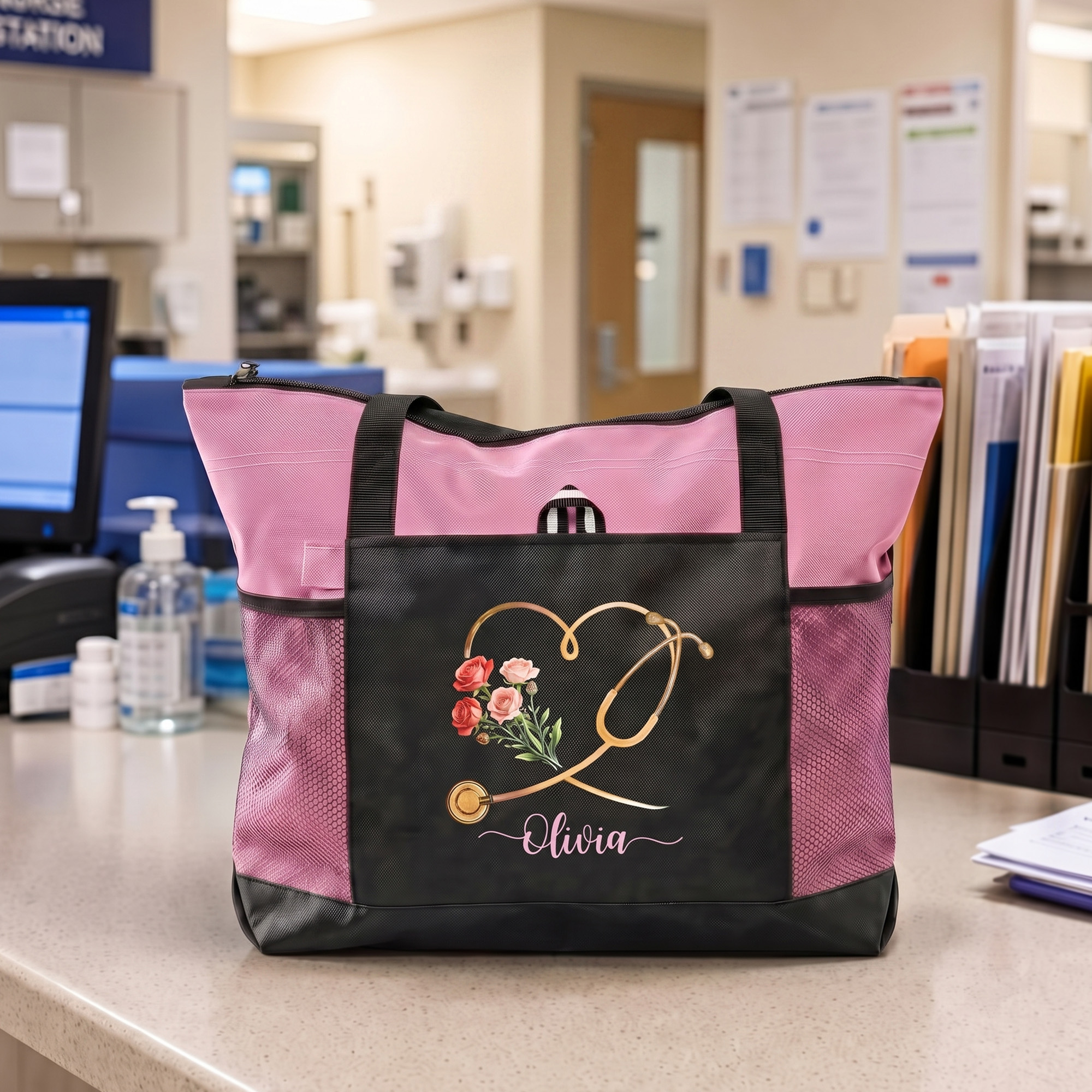 Personalisierte große Tragetasche mit Herz-Motiv, Geburtsblume und Stethoskop, mit Namen und Netztaschen – Geburtstags-, Krankenschwesternwochen- oder Geschenk für Krankenschwestern und Ärzte