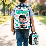 Personalised Multicolour Cute Cartoon Kids Character Backpack Lunch Bag Pencil Case Set with Name Back to School Birthday Gift for Boys Girls