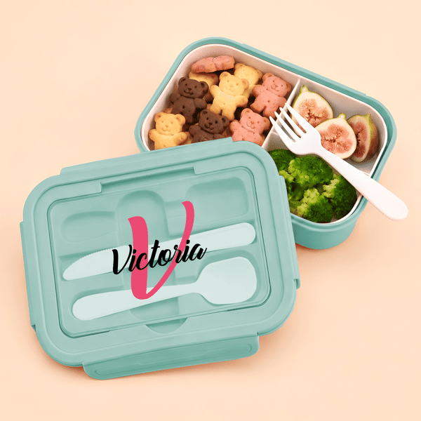 Personalised Multicolour Initial Name Lunch Box with Cutlery and Microwavable Picnic Work Use Birthday Back to School Gift for Office Staff Student