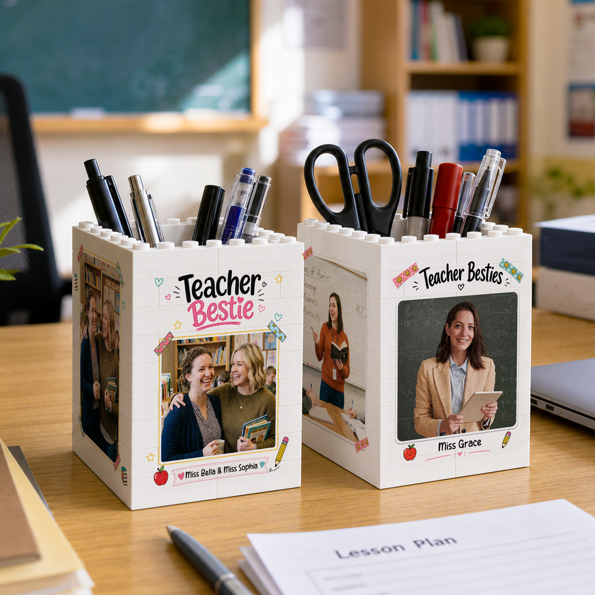 Personalisierter Baustein-Stifthalter mit Foto und Namen – „Bestie“-Stiftorganizer als Dankeschön-Geschenk zum Schulanfang für Lehrer