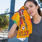 Personalized Ink Splashing Teen Soccer Silhouette Super Absorbent Sports Towel with Name and Hanging Clip Birthday Team Gift for Soccer Lover