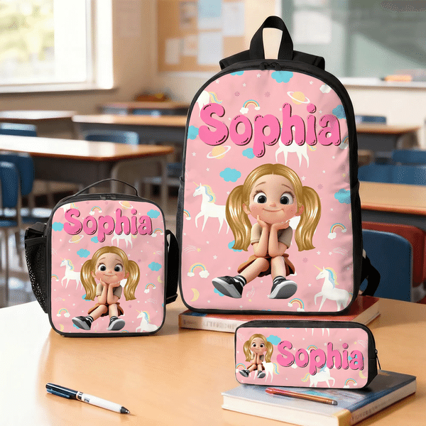 Personalised Multicolour Cute Cartoon Kids Character Backpack Lunch Bag Pencil Case Set with Name Back to School Birthday Gift for Boys Girls