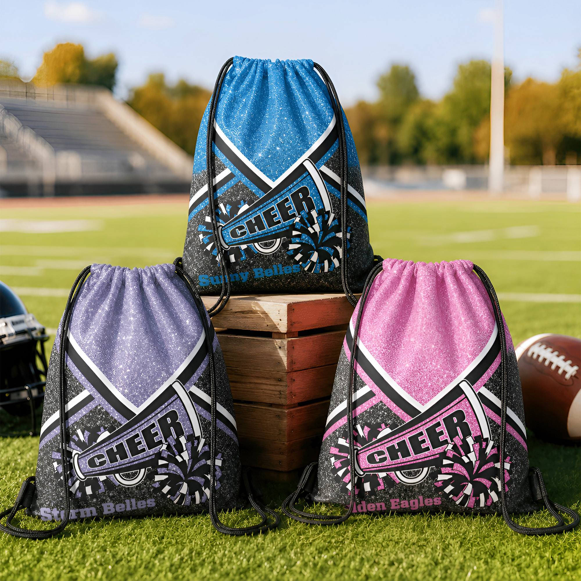 Individuell gestalteter Glitzer-Cheer-Pom-Pom-Beutel mit Kordelzug und Teamnamen – Outdoor-Sport-Geburtstagsgeschenk für Cheerleaderinnen