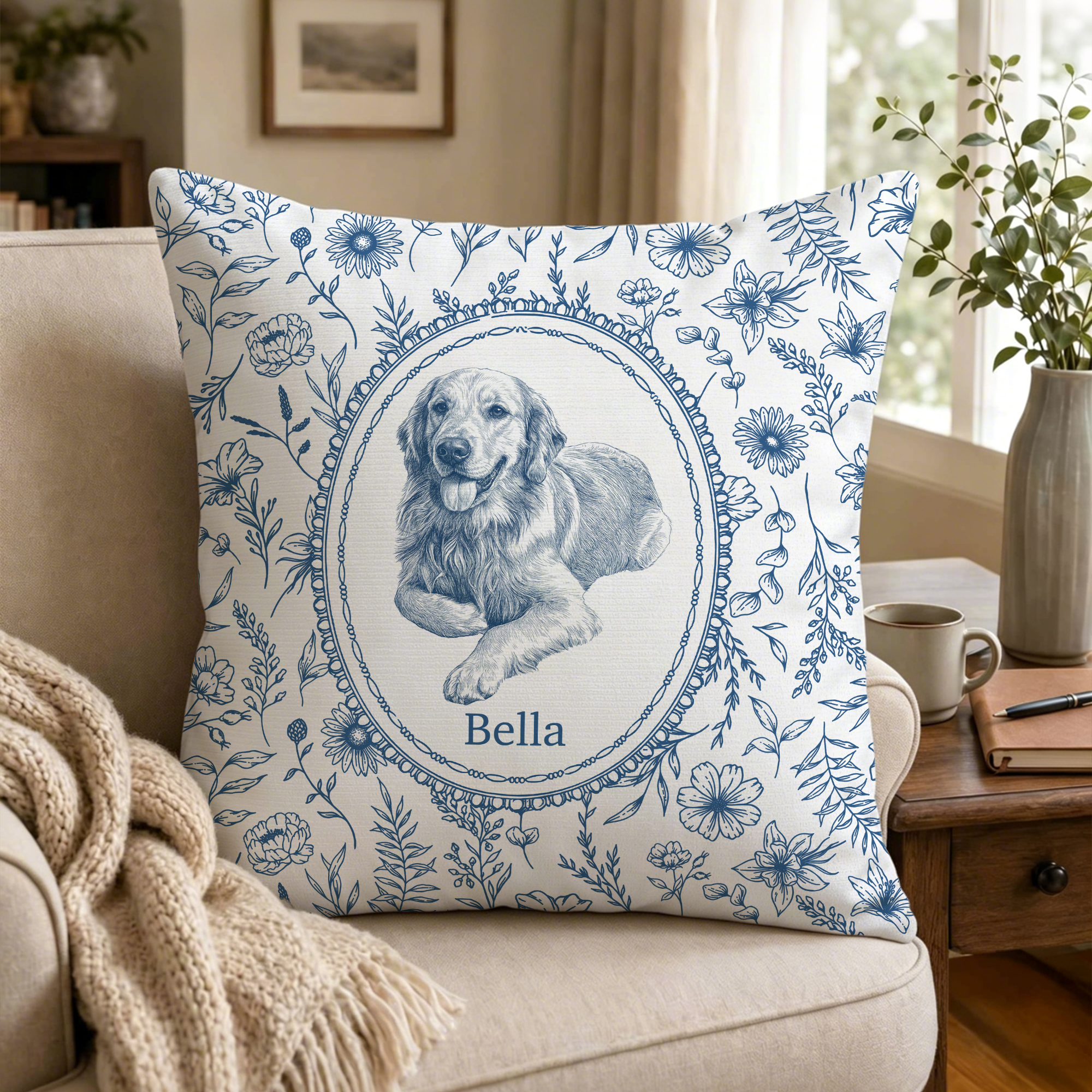 Individuell gestalteter, weicher Kissenbezug im Retro-Blumenmuster mit Haustierfoto und Namen – Wohnaccessoire und Geburtstagsgeschenk für Tierliebhaber