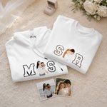 Personalized Romantic Embroidered Photo Soft T-shirt Sweatshirt Hoodie with Initials Birthday Wedding Anniversary Gift for Couple