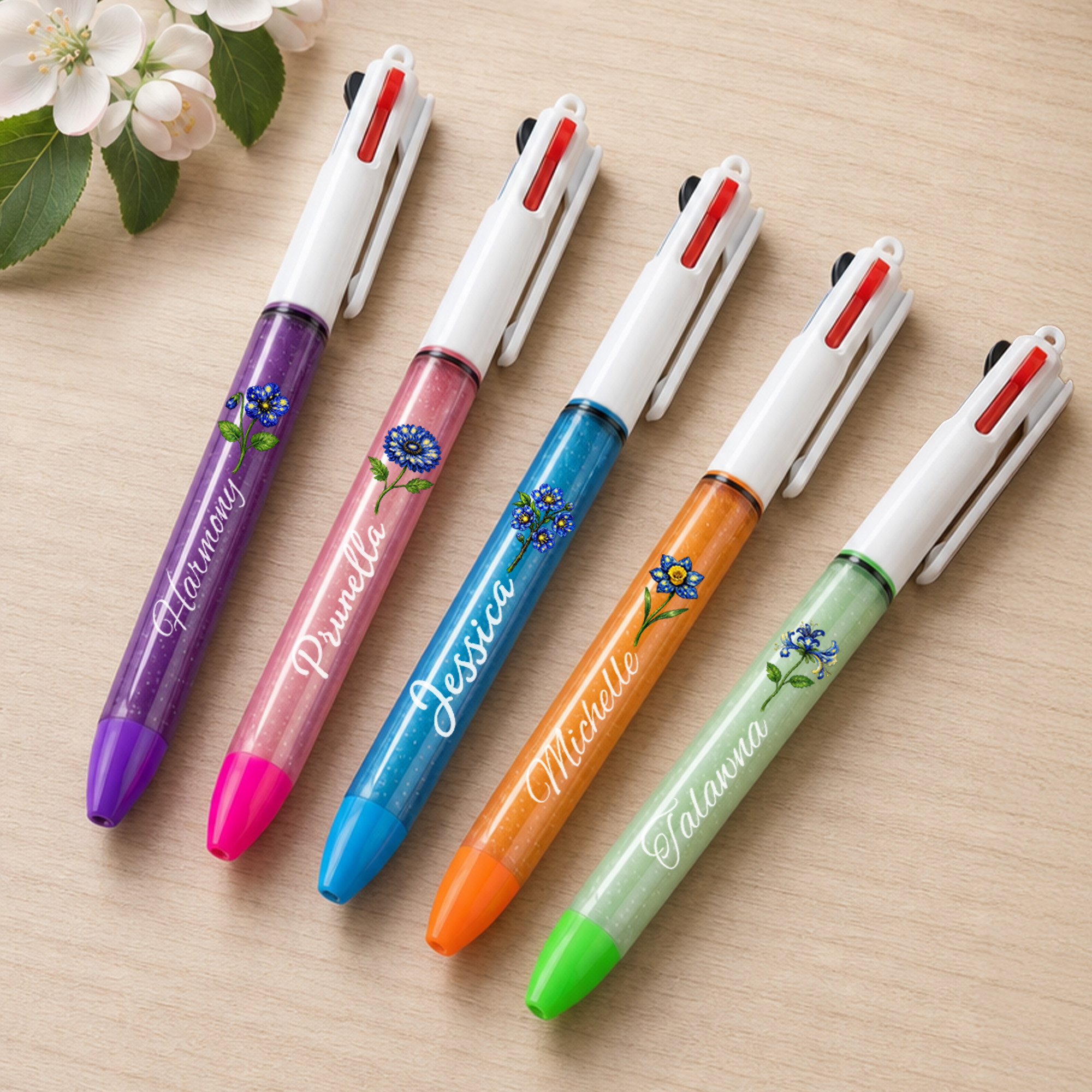 Personalisierter, praktischer 3-in-1-Kugelschreiber mit Glitzer und Geburtsblume sowie Namensgravur, 2er-Set – Alltagsgeschenk zum Geburtstag für Frauen und Studentinnen