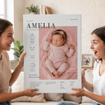 Personalised Modern Baby Photo Birth Information Canvas Prints with Name Nursery Decor Baby Shower Birthday Gift for Newborn New Parent