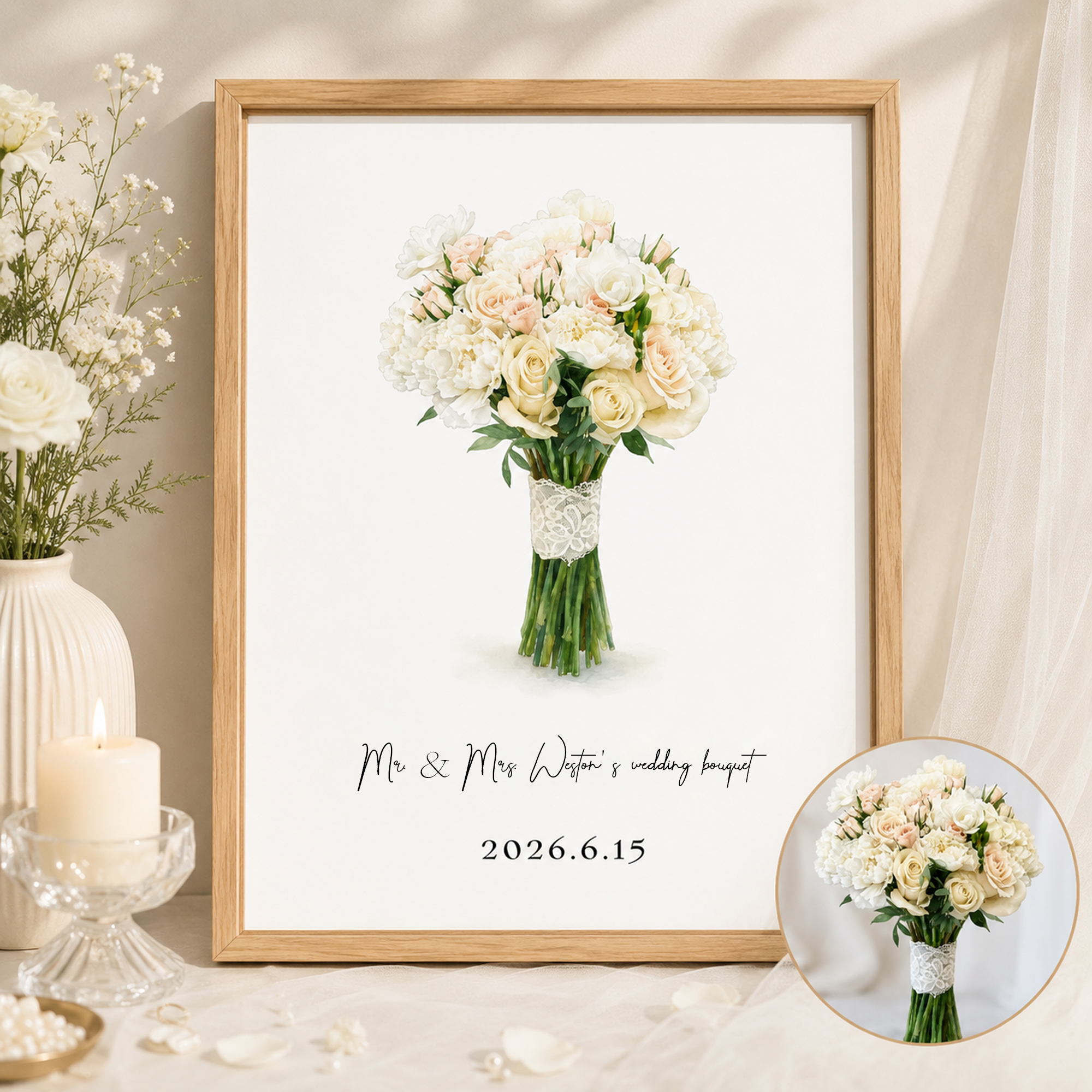 Personalisierter Leinwanddruck mit Aquarell-Hochzeitsstrauß, Namen & Datum | Wanddeko | Geschenk zum Hochzeitstag für Brautpaar