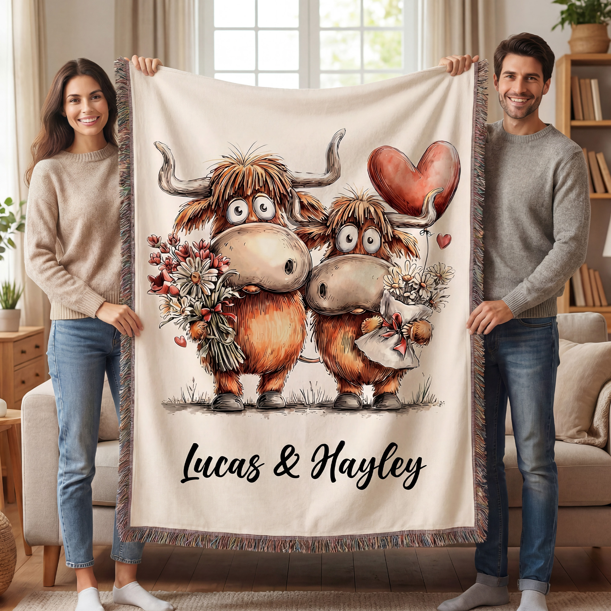 Individuell gestaltete, weiche Kuscheldecke mit Highland-Cow-Motiv und Quaste – mit Namen – für den täglichen Gebrauch, als Geschenk zum Geburtstag oder zum Jahrestag für Paare