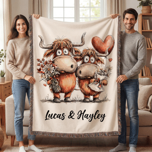 Personalised Cartoon Highland Cow Tassel Soft Throw Blanket with Name Daily Use Birthday Anniversary Gift for Couples