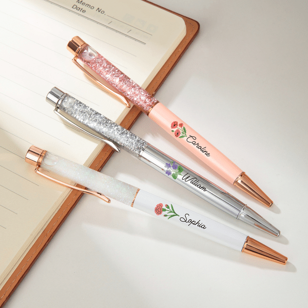 Personalized Birth Flower Glitter Liquid Sand Ballpoint Pen with Name Graduation Birthday Back to School Gift for Women Students Teachers