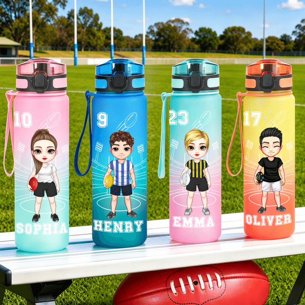 Personalised Cartoon Australian American Football Player Name Gradient Sports BPA-Free Water Bottle with Flip Top Game Day Birthday Gift for AFL Enthusiast