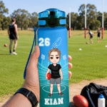 Personalised Cartoon Australian American Football Player Name Gradient Sports BPA-Free Water Bottle with Flip Top Game Day Birthday Gift for AFL Enthusiast