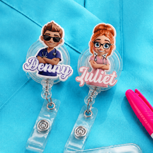 Personalized Cartoon Medical Character Acrylic Badge Reel with Name Nurses' Day Appreciation Birthday Gift for Doctor Nurse