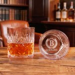 Personalised Retro Initial Monogram Whisky Glass Wooden Box Coaster Set with Name and Date Birthday Anniversary Gift for Men