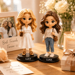 Figurine photo 3D personnalisée de style « chibi » avec socle en bois et inscription – Décoration de bureau, cadeau d'anniversaire ou de fête pour les amis et la famille