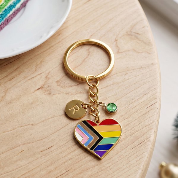Personalized Birthstone Heart Shaped Rainbow Charm Keychain with Initial Pride Month Daily Use Birthday Gift for LGBTQ Girlfriend Woman