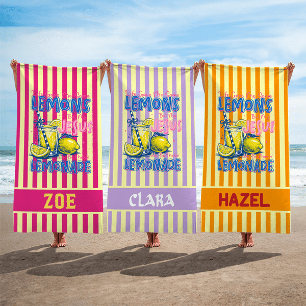 Personalised Faith Makes Lemonade Stripe Quick Dry Oversized Beach Towel with Name Summer Holiday Beach Party Gift for Family Friend Christian