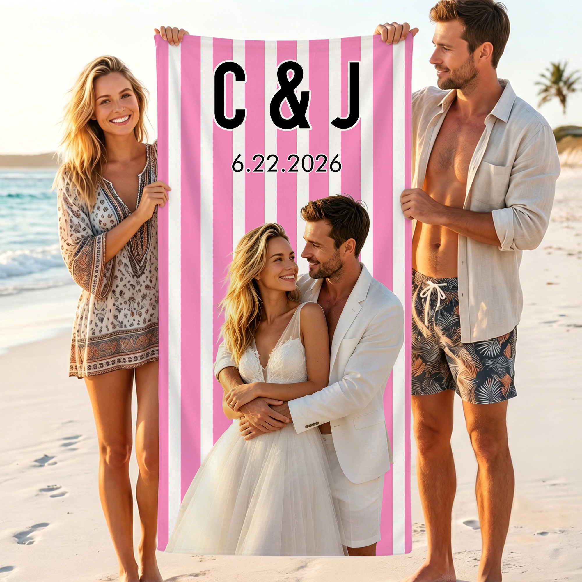 Personalized Multicolor Photo Quick Dry Soft Beach Towel with Name and Text Vacation Beach Party Honeymoon Gift for Newlywed Wife Husband