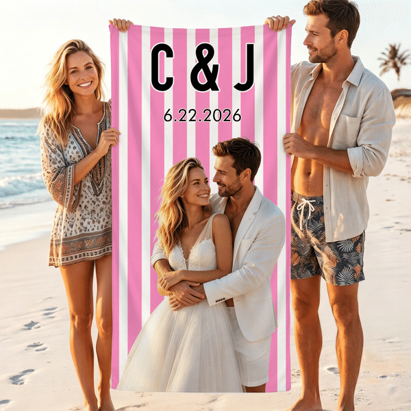 Personalized Multicolor Photo Quick Dry Soft Beach Towel with Name and Text Vacation Beach Party Honeymoon Gift for Newlywed Wife Husband