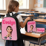 Personalised Multicolour Cute Cartoon Kids Character Backpack Lunch Bag Pencil Case Set with Name Back to School Birthday Gift for Boys Girls