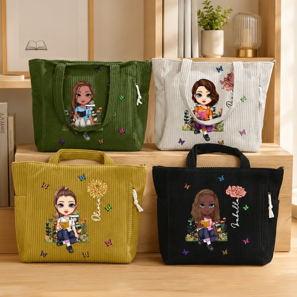 Personalized Cartoon Reading Character Birth Flower Large Capacity Corduroy Tote Bag with Name Travel Essential Birthday Gift for Book Lover Bookworm