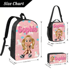 Personalised Multicolour Cute Cartoon Kids Character Backpack Lunch Bag Pencil Case Set with Name Back to School Birthday Gift for Boys Girls