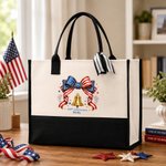Personalized 250th Anniversary Bow Bell Star Ribbon Tote Bag with Name American Independence Day Birthday Gift for Family Woman Man