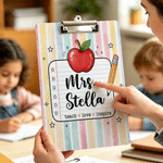 Spersonalizowana, wielokolorowa tablica z motywem jabłek, z płaskim klipsem i napisem – prezent z okazji powrotu do szkoły i Dnia Nauczyciela dla nauczycieli i pedagogów
