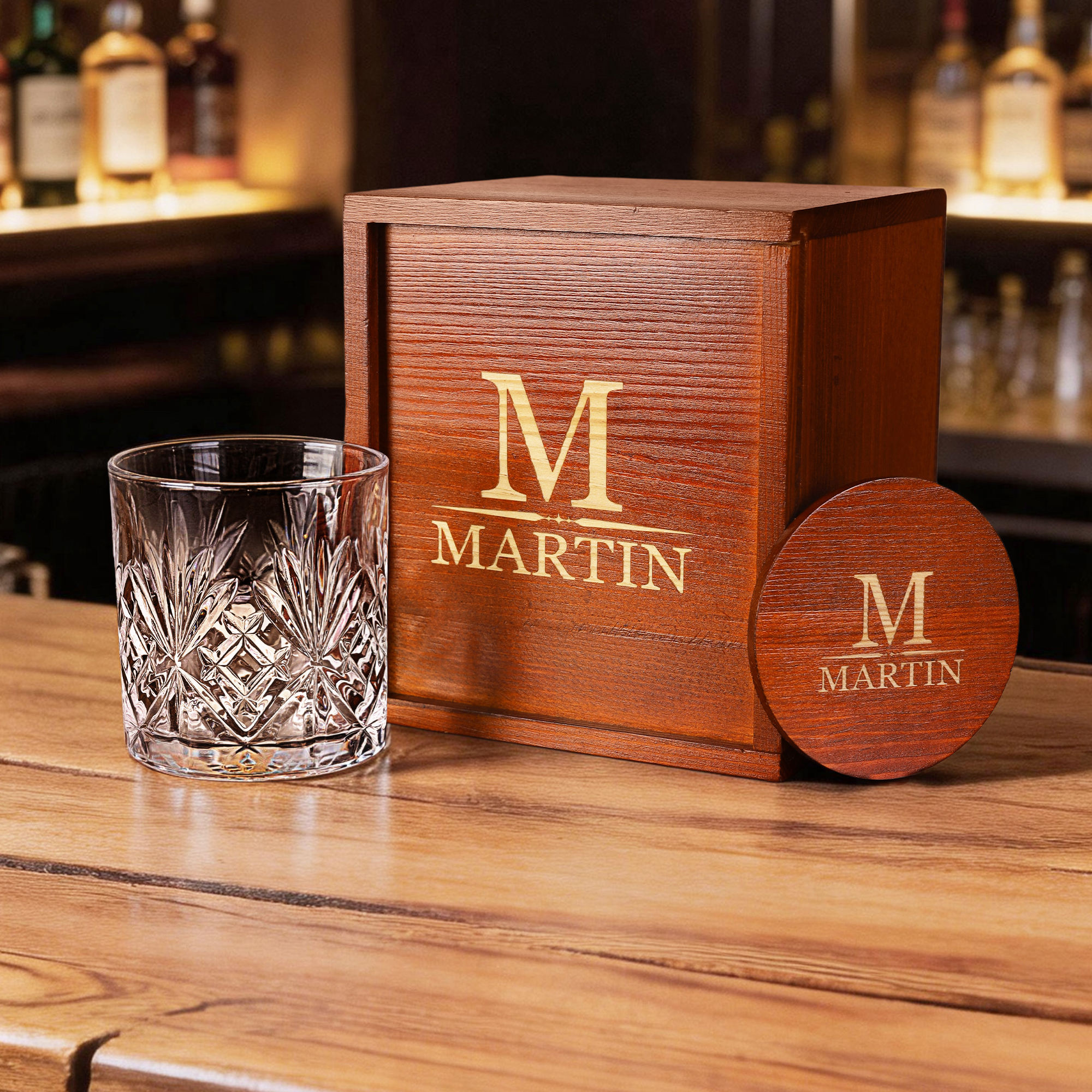Personalisiertes Retro-Monogramm-Set aus Whiskyglas, Holzbox und Untersetzer mit Namen und Datum – Geschenk zum Geburtstag oder zum Jahrestag für Männer