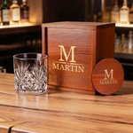 Personalised Retro Initial Monogram Whisky Glass Wooden Box Coaster Set with Name and Date Birthday Anniversary Gift for Men
