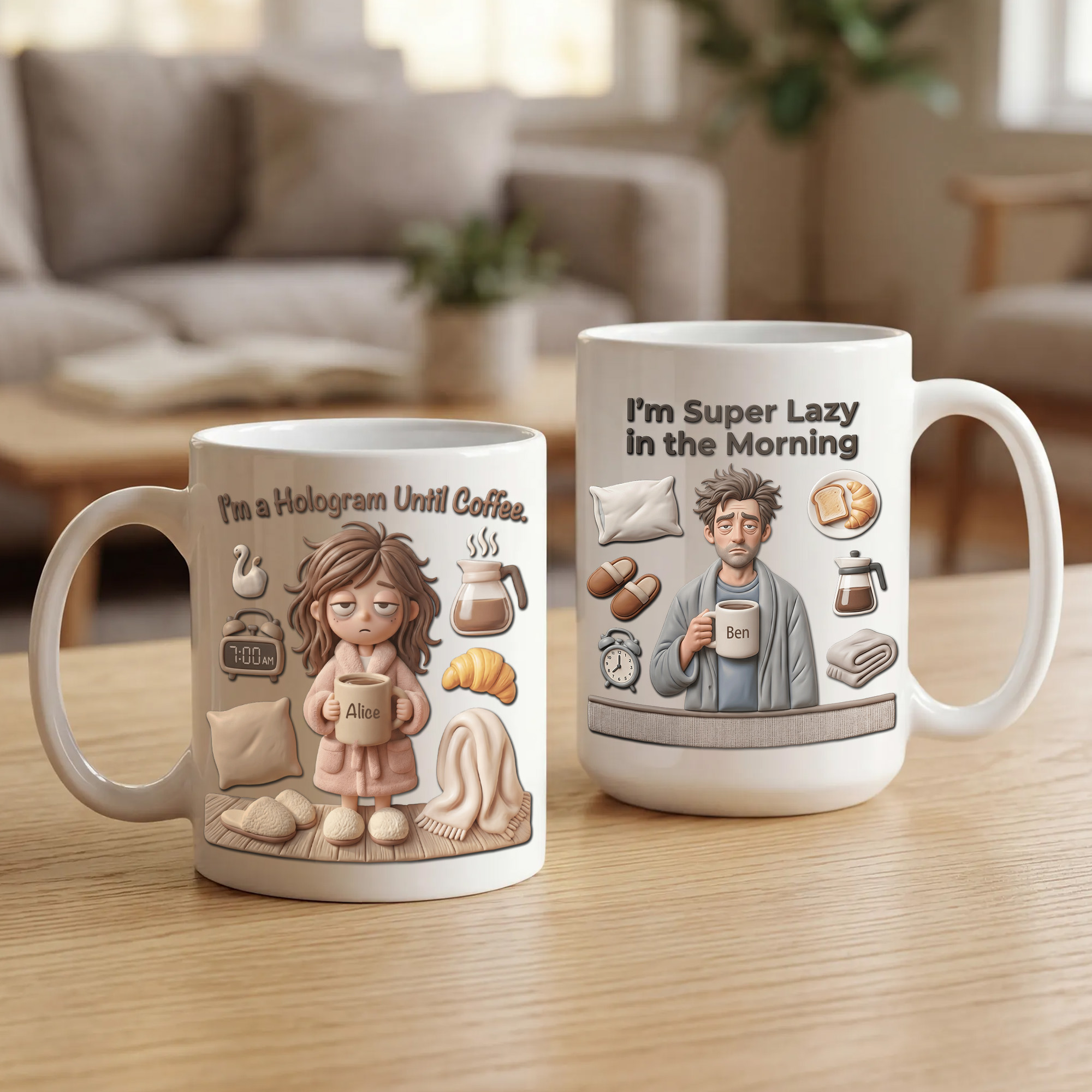 Personalisierte, lustige Pyjama-Figur mit humorvollem Text – Keramiktasse (11 oz / 15 oz) mit Namen – für den täglichen Gebrauch, fürs Büro, als Geburtstagsgeschenk für Paare und Freunde