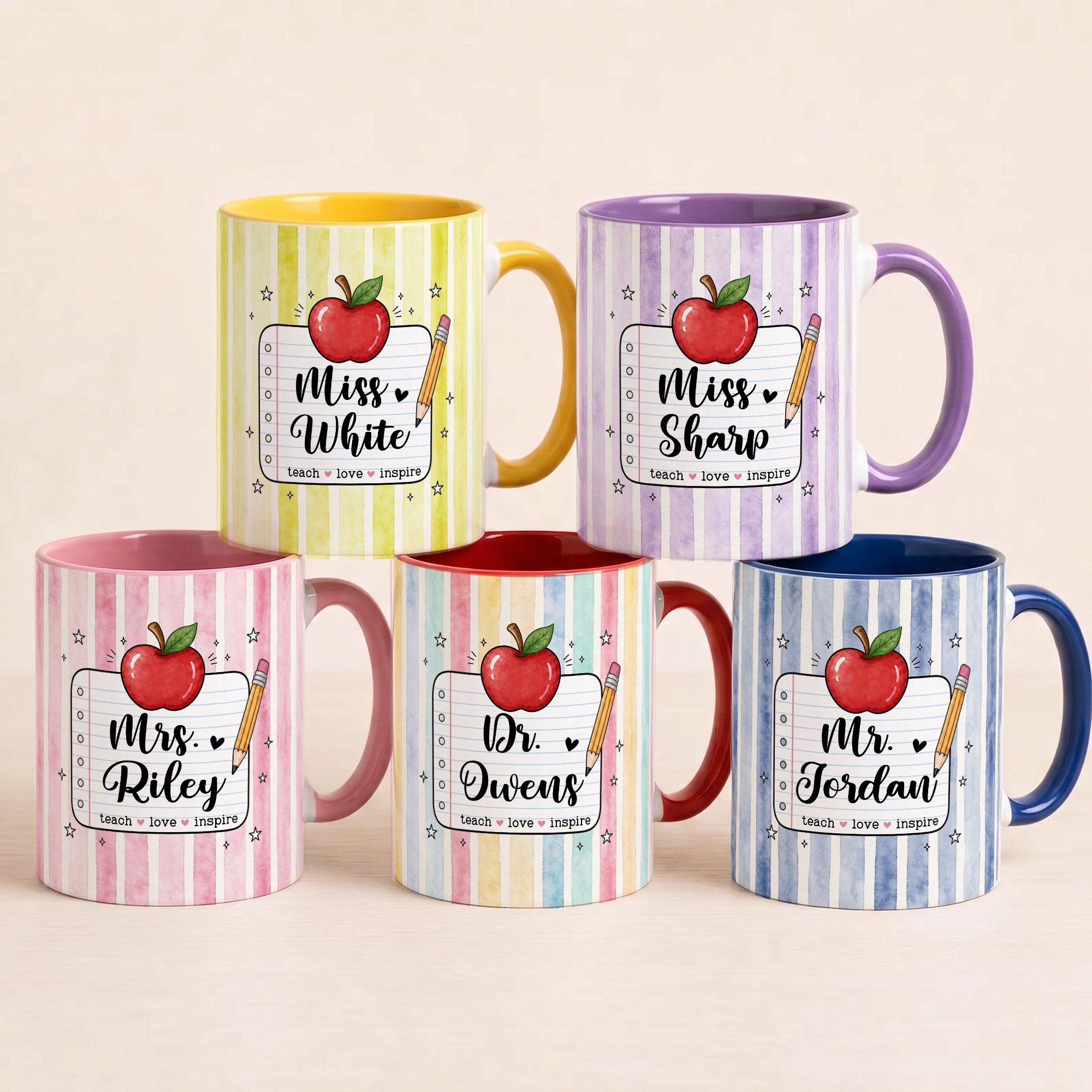 Personalisierte Keramiktasse „Teach Love Inspire“ für Apple Pencil, 11 oz, 15 oz, mit Namen – für den täglichen Gebrauch, zum Schulanfang, als Geschenk zum Lehrertag