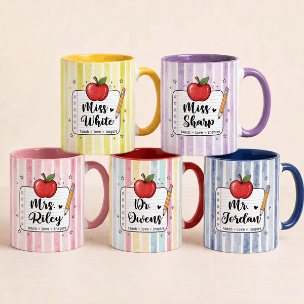 Personalized Teach Love Inspire Apple Pencil 11 oz 15 oz Ceramic Mug with Name Daily Use Back to School Teacher's Day Gift for Teacher