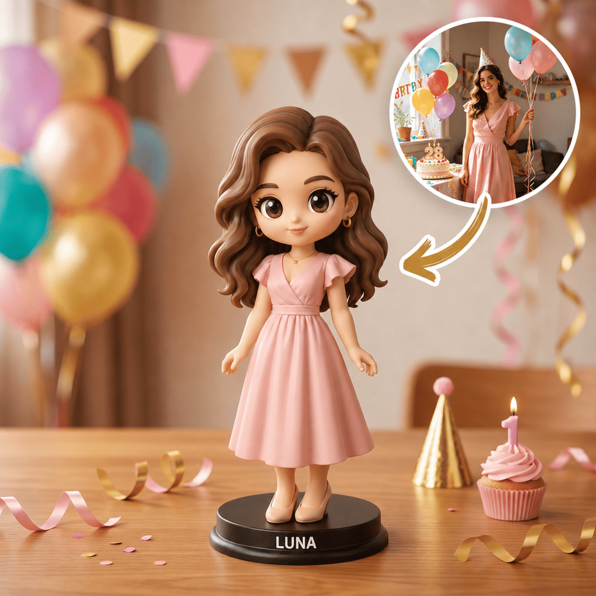 Personalisierte 3D-Chibi-Foto-Figur als Christbaumschmuck mit Holzsockel und Schriftzug – Schreibtischdekoration, Geschenk zum Geburtstag, zur Geburtstagsfeier oder zum Jubiläum für Freunde und Famili