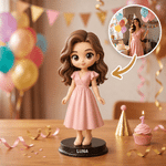Figurine photo 3D personnalisée de style « chibi » avec socle en bois et inscription – Décoration de bureau, cadeau d'anniversaire ou de fête pour les amis et la famille