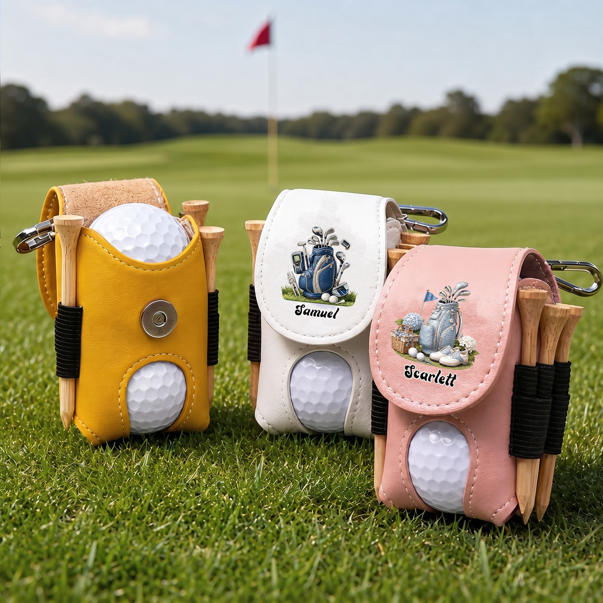 Personalisierte Multicolor Golf Elemente PU Leder Golfball Tasche mit Namen und Golf Tee Geburtstag Vatertag Geschenk für Golf-Enthusiasten